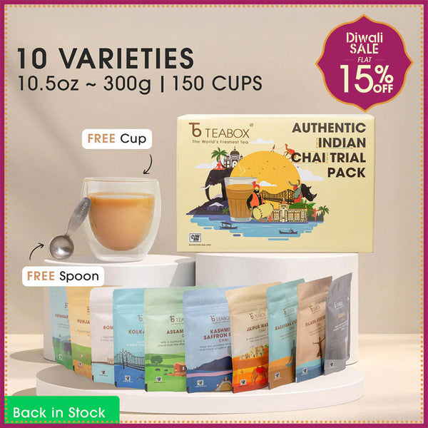 Authentic Indian Chai Trial Pack (Free Valencia Glass Teacup & Ideal Teaspoon)