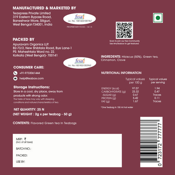 Green Tea Hibiscus Cinnamon Clove Energy (Teabag)