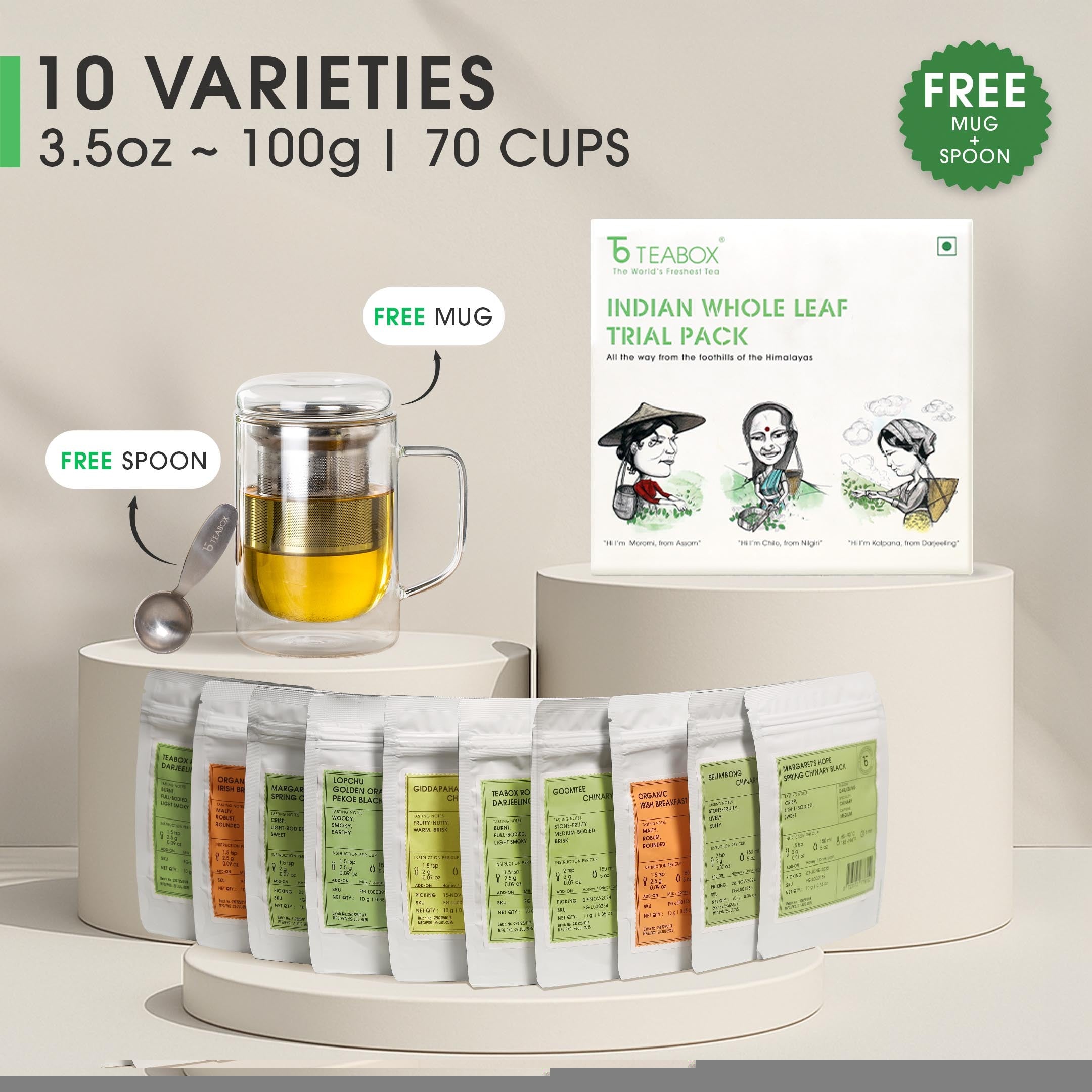 Indian Whole Leaf Trial Pack (Free Seidel Glass Tea Mug With Infuser & Ideal Teaspoon)