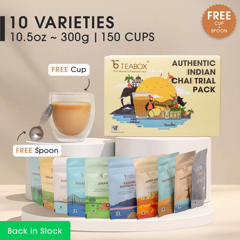 Authentic Indian Chai Trial Pack (Free Valencia Glass Teacup & Ideal Teaspoon)