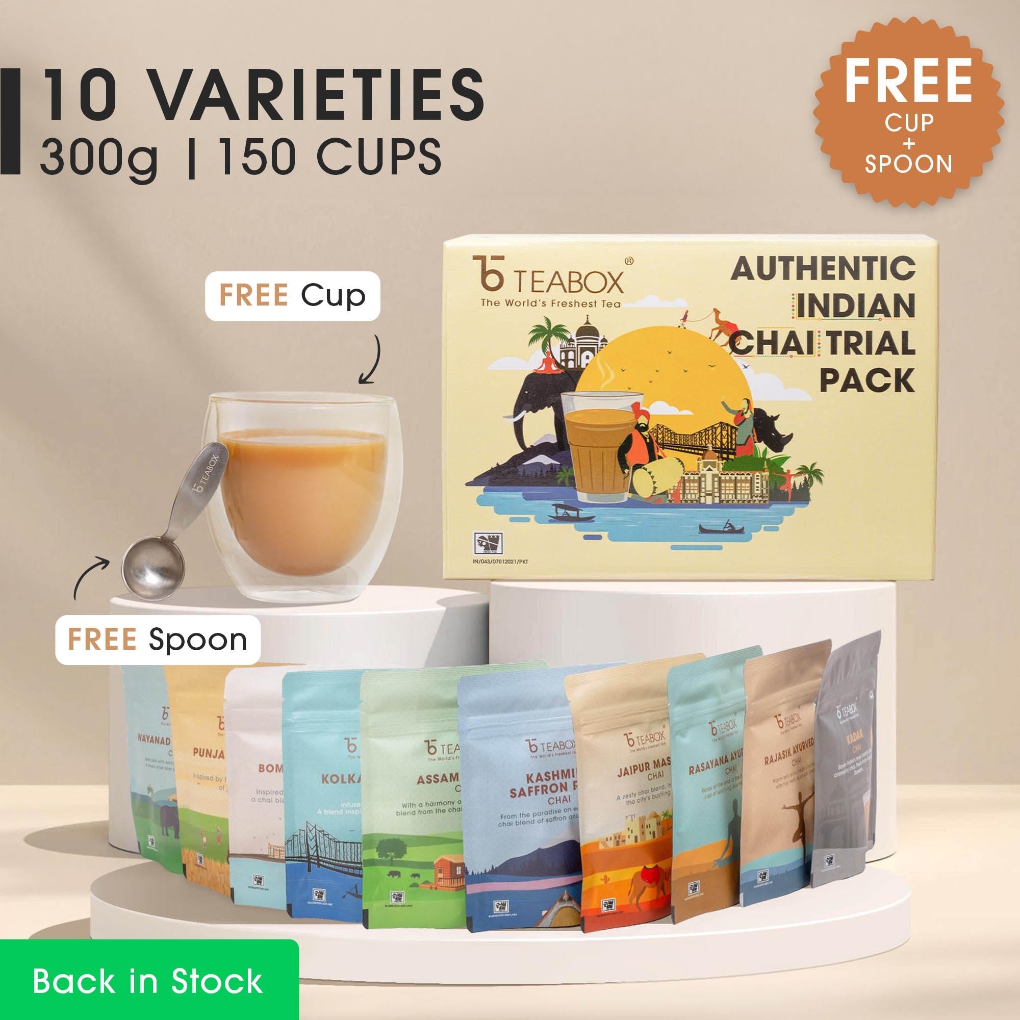 Authentic Indian Chai Trial Pack (Free Valencia Glass Teacup & Ideal Teaspoon)