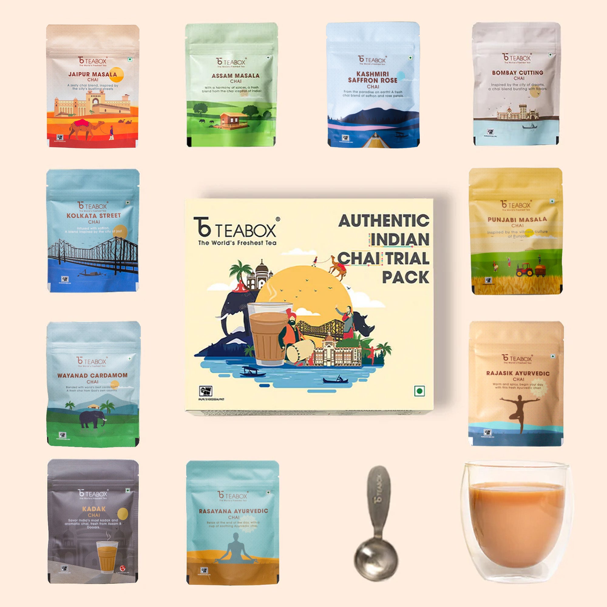 Authentic Indian Chai Trial Pack (Free Valencia Glass Teacup & Ideal Teaspoon)