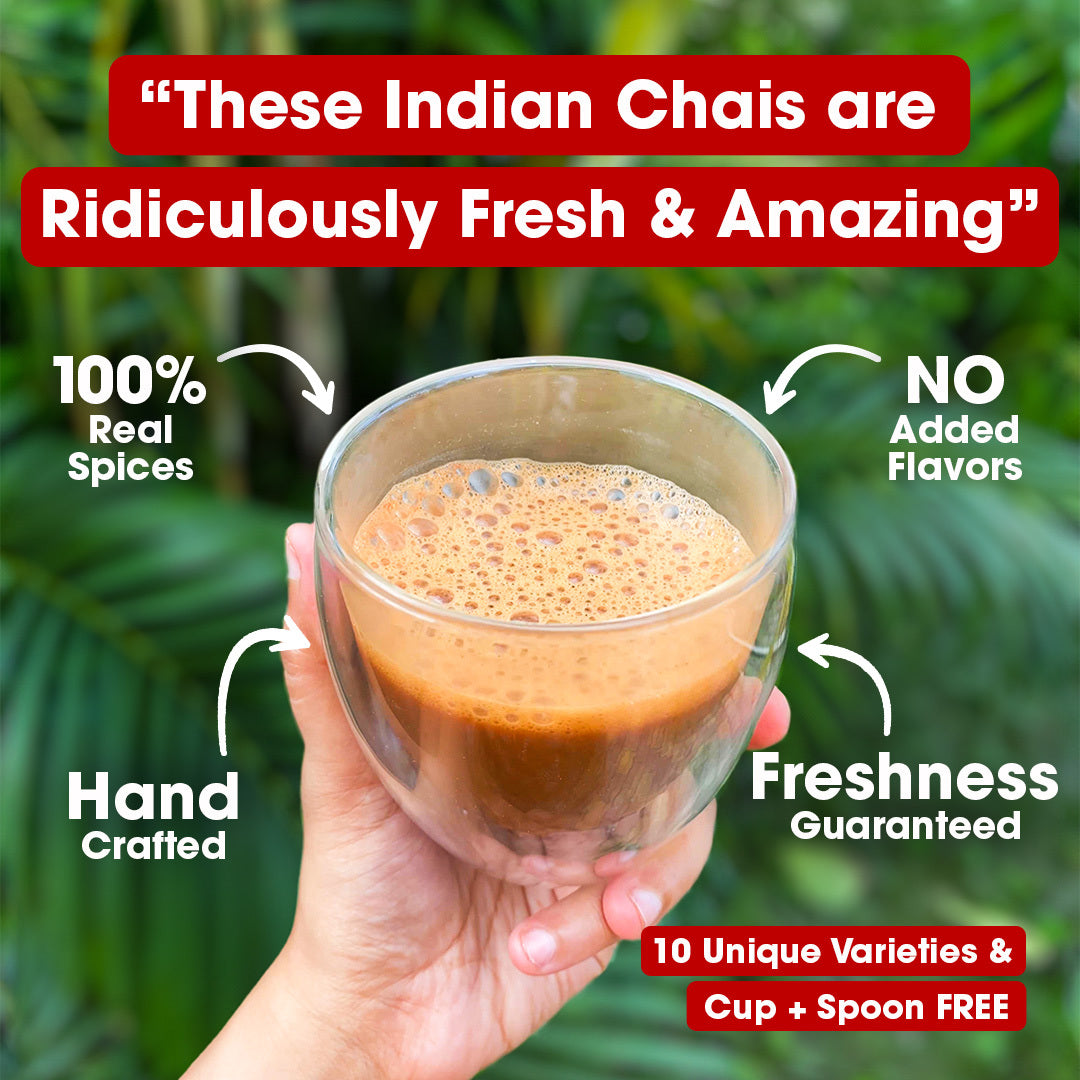 Authentic Indian Chai Trial Pack (Free Valencia Glass Teacup & Ideal Teaspoon) -