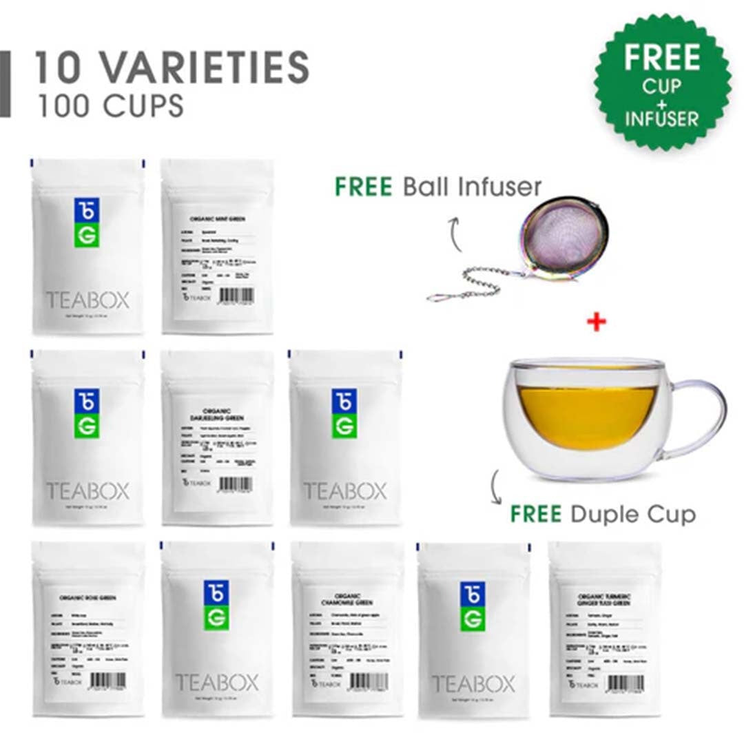 Green Whole Leaf Tea Trial Pack (+ Free Duple Glass Tea Cup & Elegant Ball Infuser)