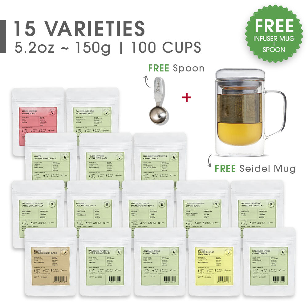 Indian Whole Leaf Standard Trial Pack (Free Seidel Glass Tea Mug With Infuser & Ideal Teaspoon)